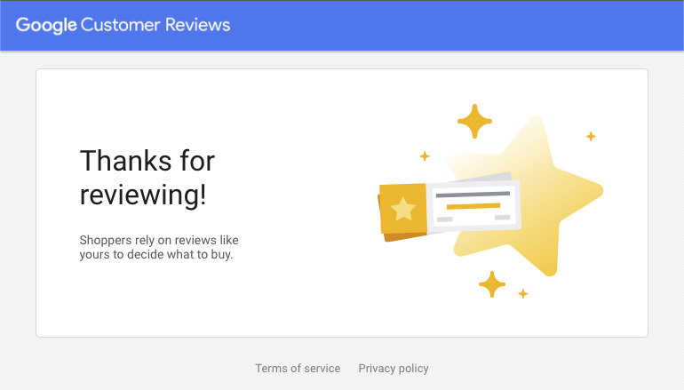 Google Customer Reviews program review confirmation page.