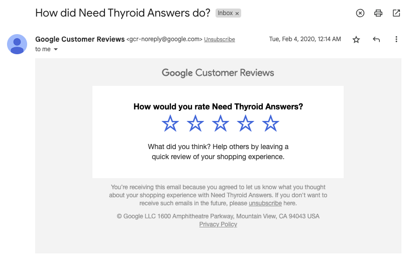 Email from Google Customer Reviews Program asking for review of shopping experience.