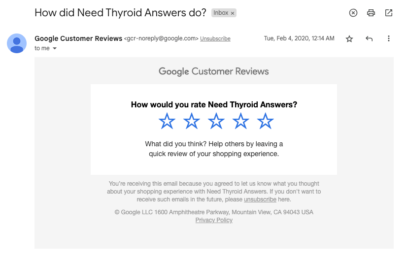 Email from Google Customer Reviews Program asking for review of shopping experience.