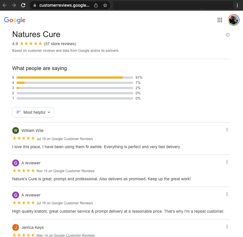 Google Customer Reviews collected by Google and displayed on a Google url