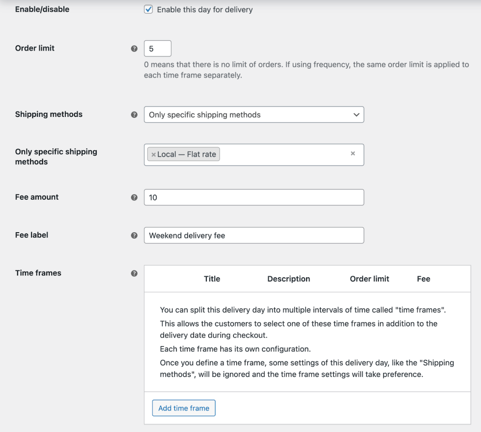 Order Delivery for WooCommerce adding a delivery day that is only available on Saturdays with a specific shipping method