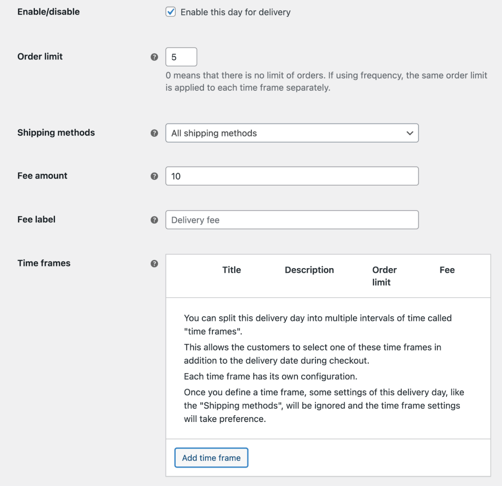 Order Delivery for WooCommerce adding a new delivery day