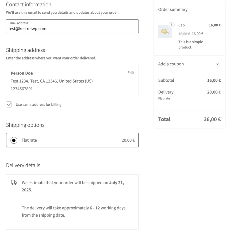 Delivery details on the checkout page for Order Delivery for WooCommerce