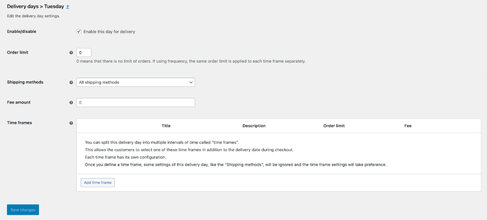 Order Delivery for WooCommerce time frame creation form for a specific delivery day