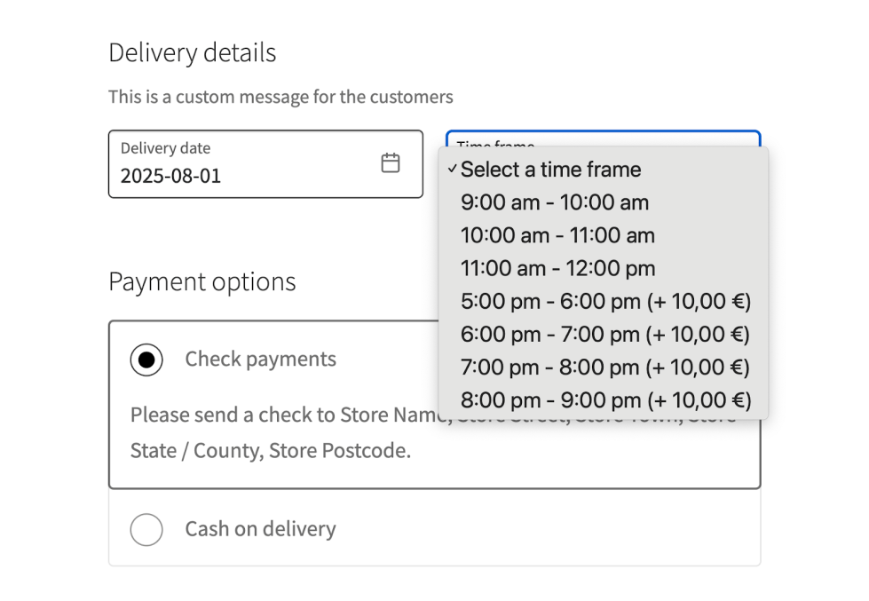 Order Delivery for WooCommerce selecting a delivery time frame in the checkout form