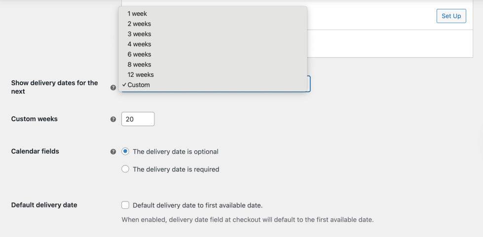 Order delivery for WooCommerce Calendar configuration options