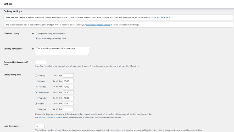 Order Delivery for WooCommerce delivery settings tab options