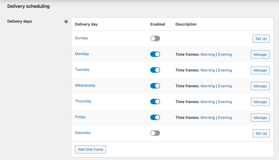 Delivery days section on the Delivery scheduling tab of the Order Delivery for WooCommerce page
