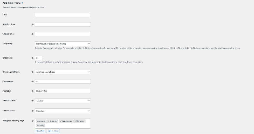 Order Delivery for WooCommerce time frame form for multiple delivery days