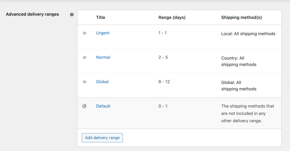 Advanced delivery ranges section on the Delivery settings tab of the Order Delivery for WooCommerce plugin.