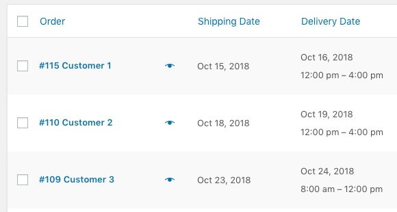 Order Delivery for WooCommerce delivery details in the order list