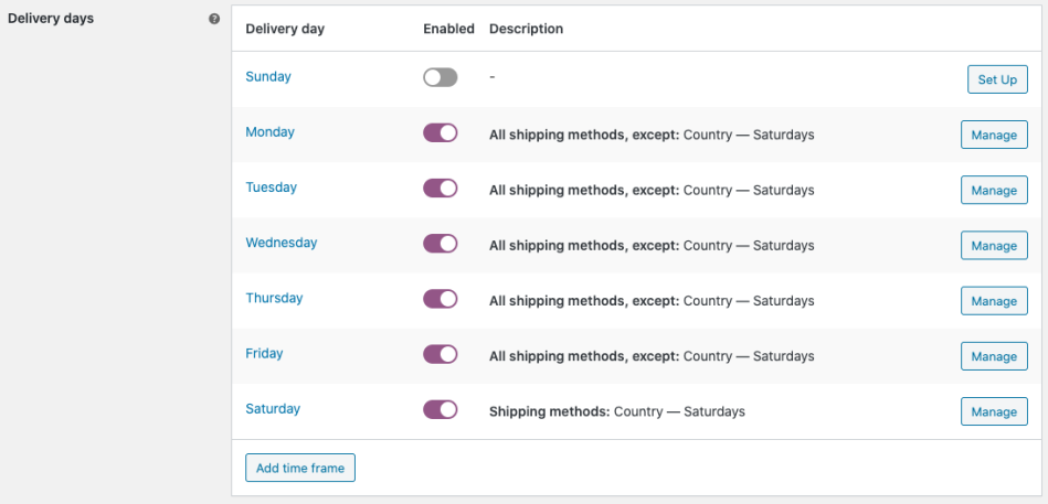 The available shipping methods for each delivery day