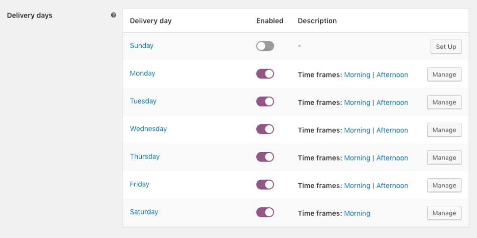 Delivery days setting