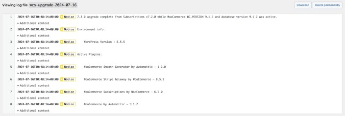 An example WooCommerce Subscriptions upgrade log