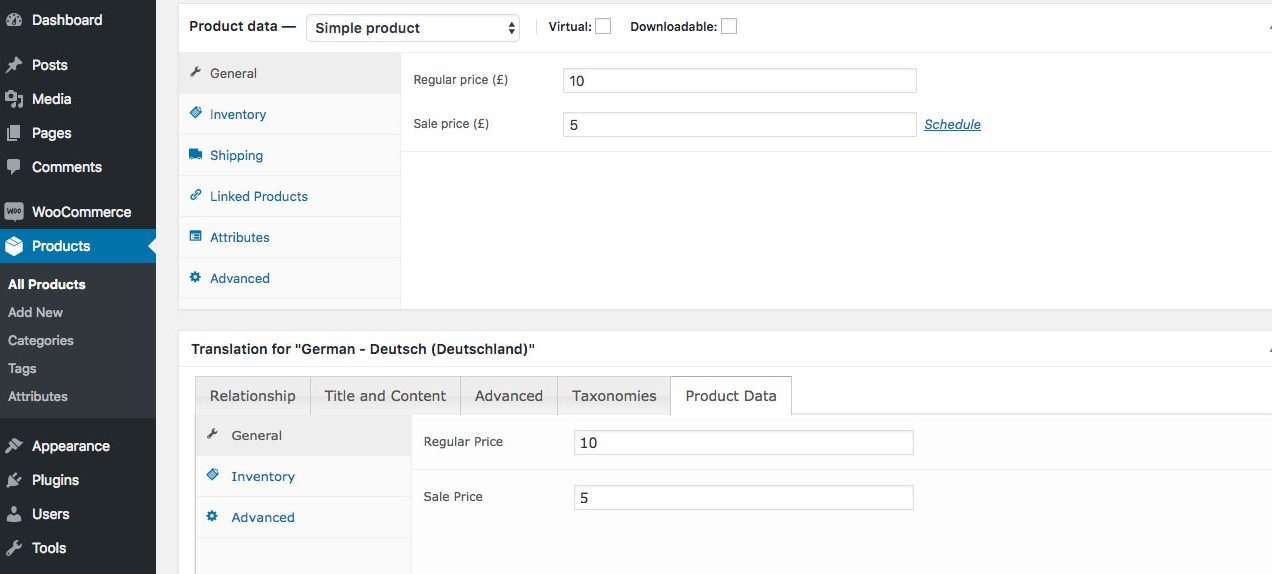 WooCommerce MultilingualPress Product Data - Simple Product, Price Settings