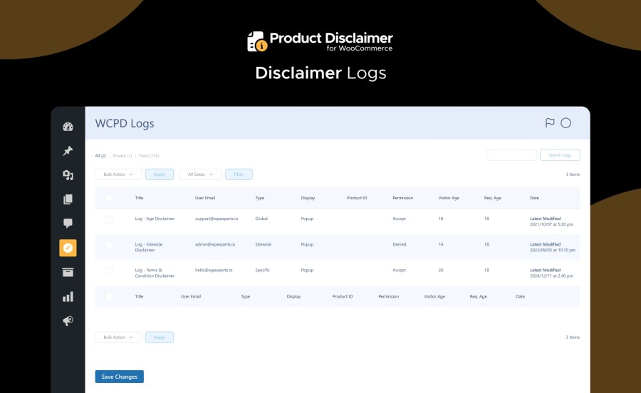 Disclaimer Log Feature