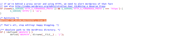 A screenshot showing an excerpt of the code in the wp-config.php file