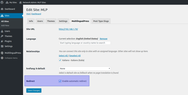 Ticking the Redirect checkbox for each of your sites enables automatic redirect