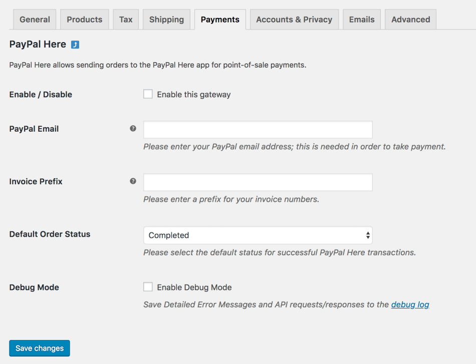 WooCommerce PayPal Here extension settings