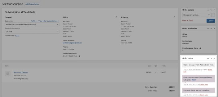 WooCommerce Edit Subscription - Notes