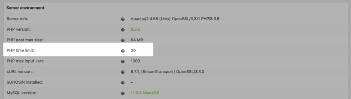 The site server's PHP time limit as per the site's Status Report