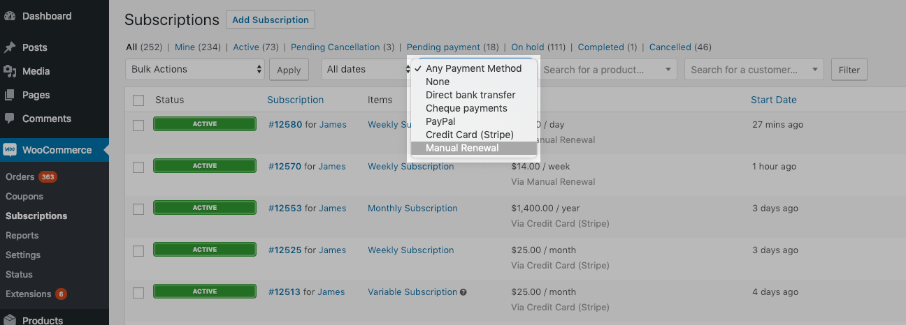 Filter Option for Manual Renewal Subscriptions