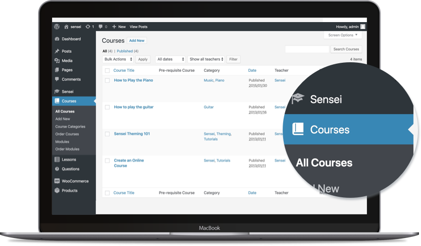 Pantalla de computadora que muestra la página de cursos de Sensei en el administrador de WordPress