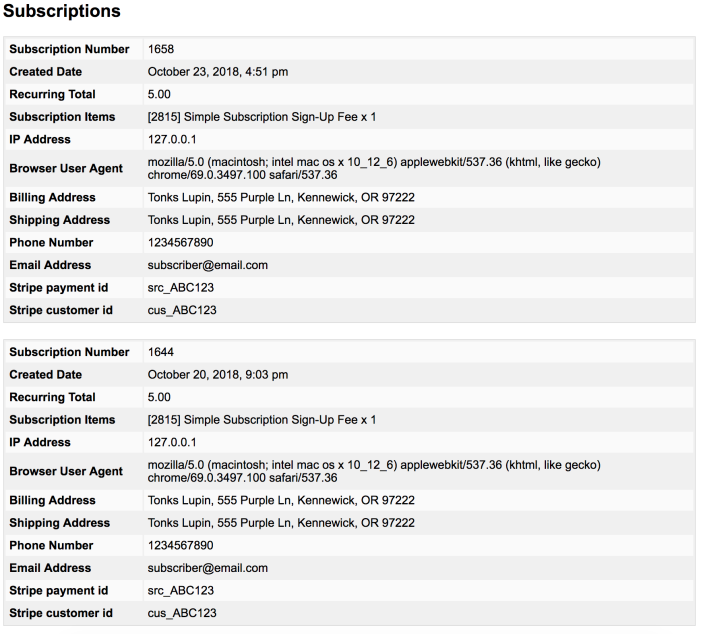 Example Subscription Related Portion of Data Export