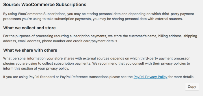 Subscriptions Section in the Privacy Policy Guide