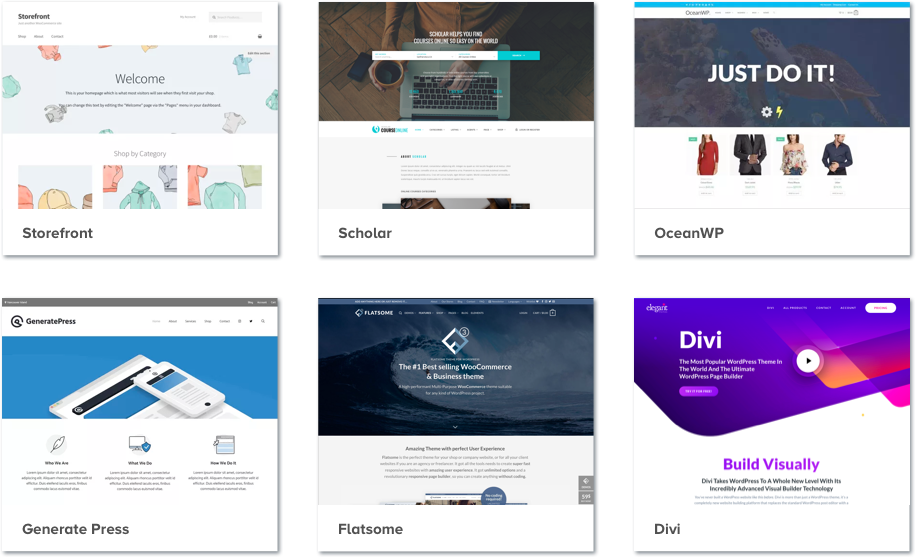 Screen captures of a number of different WordPress themes