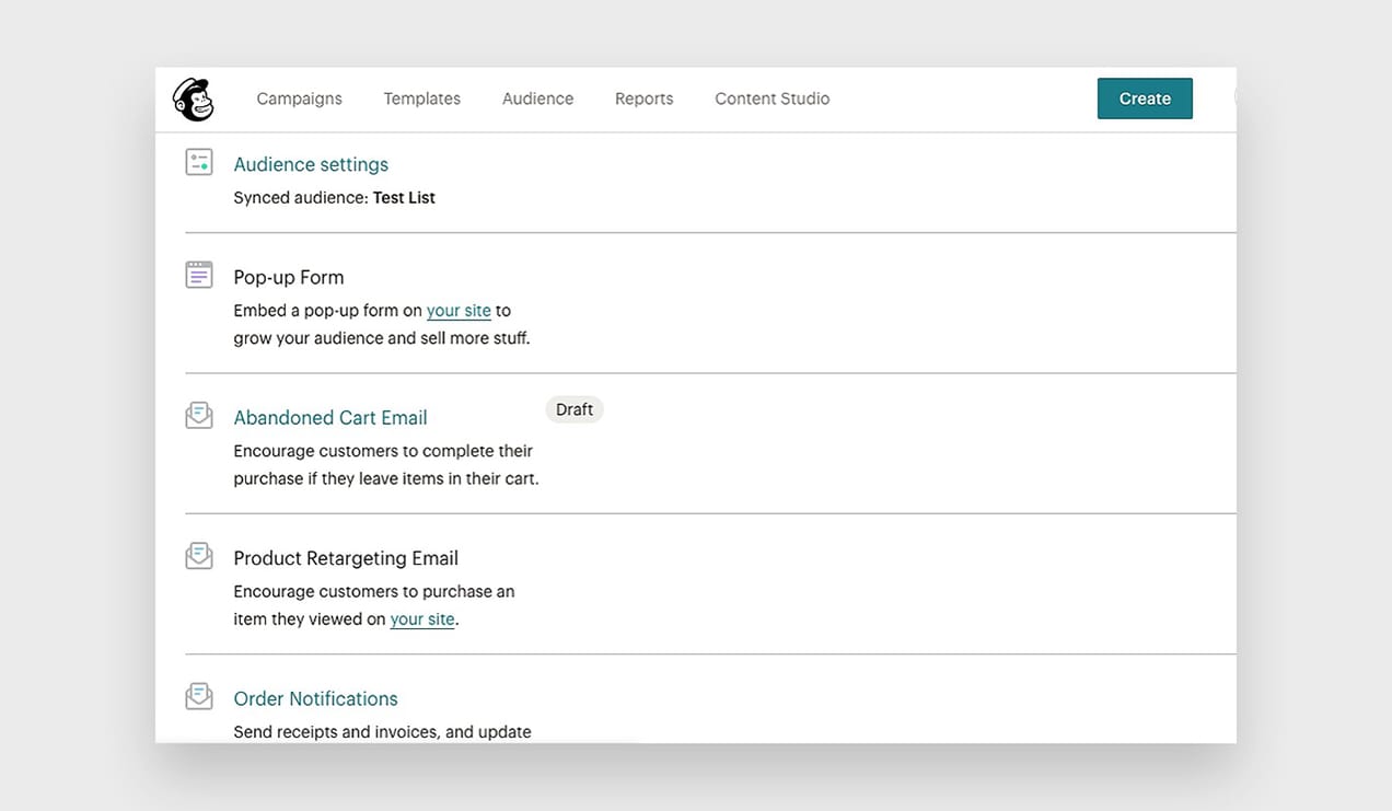 A screenshot of the Mailchimp dashboard.