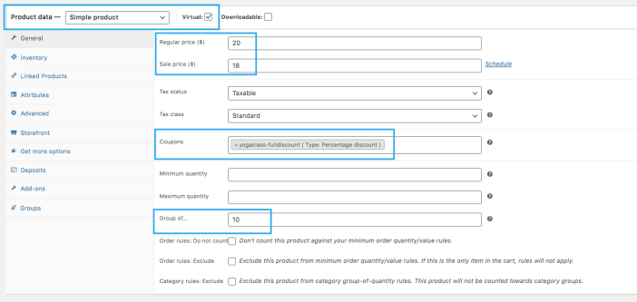 Bookings Use Case - Yoga Class - Simple Product for the Coupon 10 pack purchase