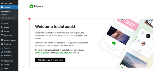 The Jetpack activation prompt in WP Admin.