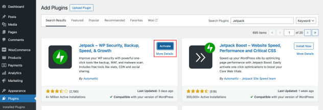 'Activate' button highlighted for Jetpack on the 'Add Plugins' page in WP Admin.