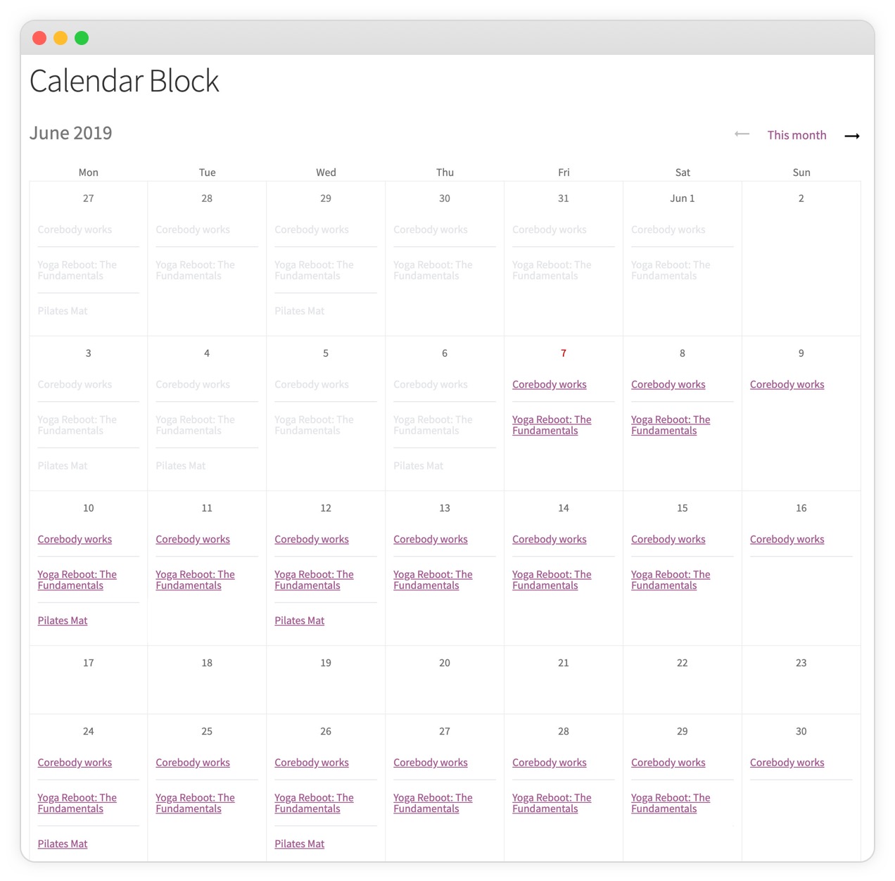 Screenshot of the Calendar Block.