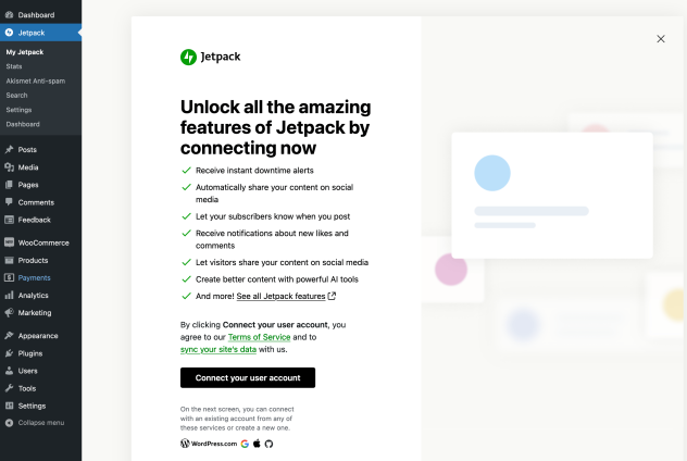 The Jetpack account connection prompt screen in WP Admin.