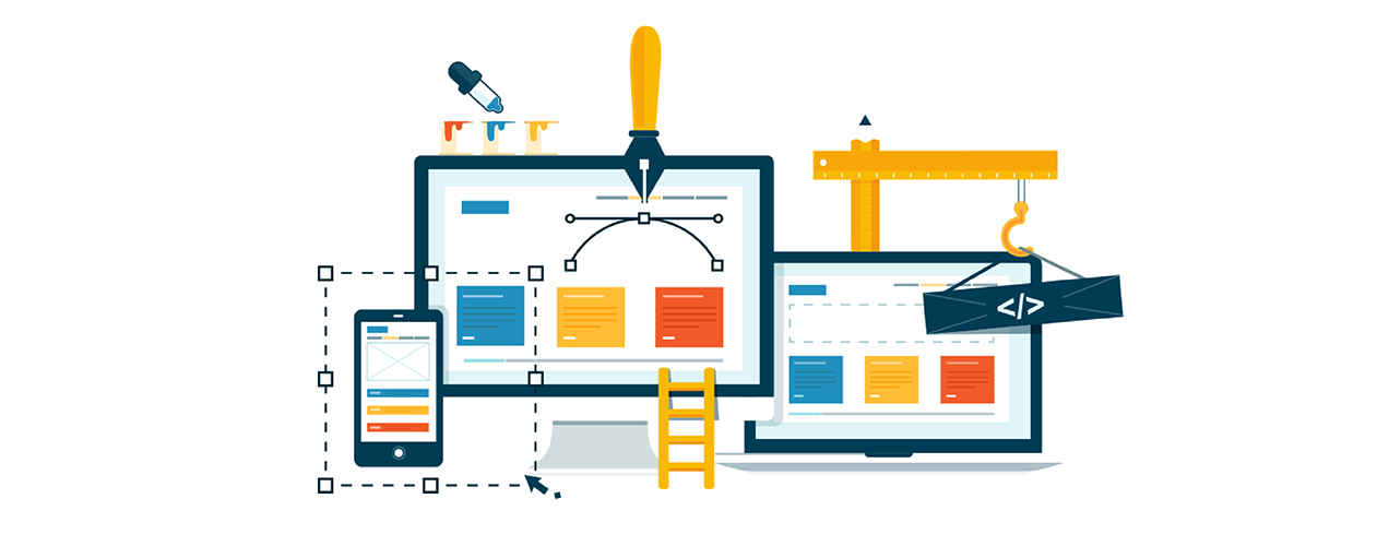 Illustration of design elements being put in place on a computer, tablet, and phone.