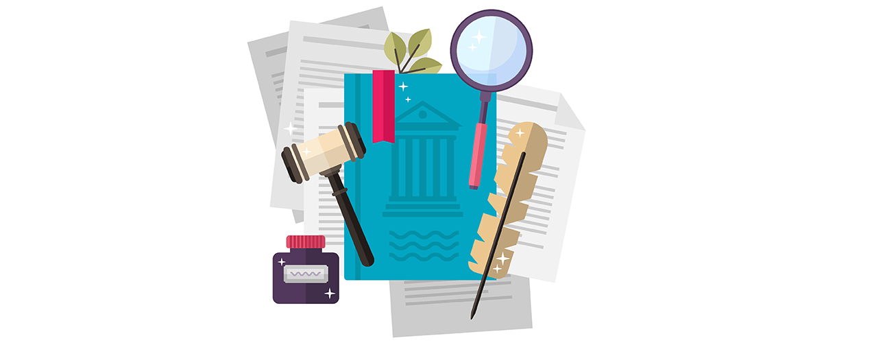 legal illustration with law books, gavels, and paperwork