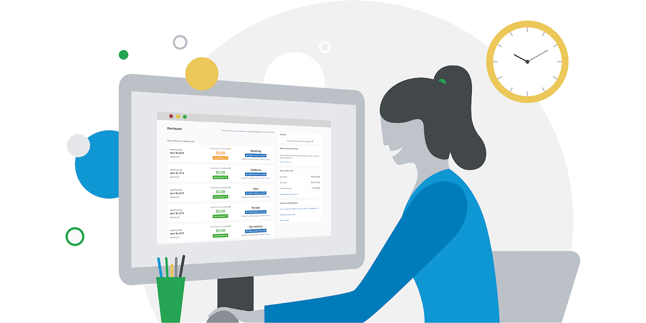Merchant viewing her store's TaxJar dashboard to monitor actions needing her attention.