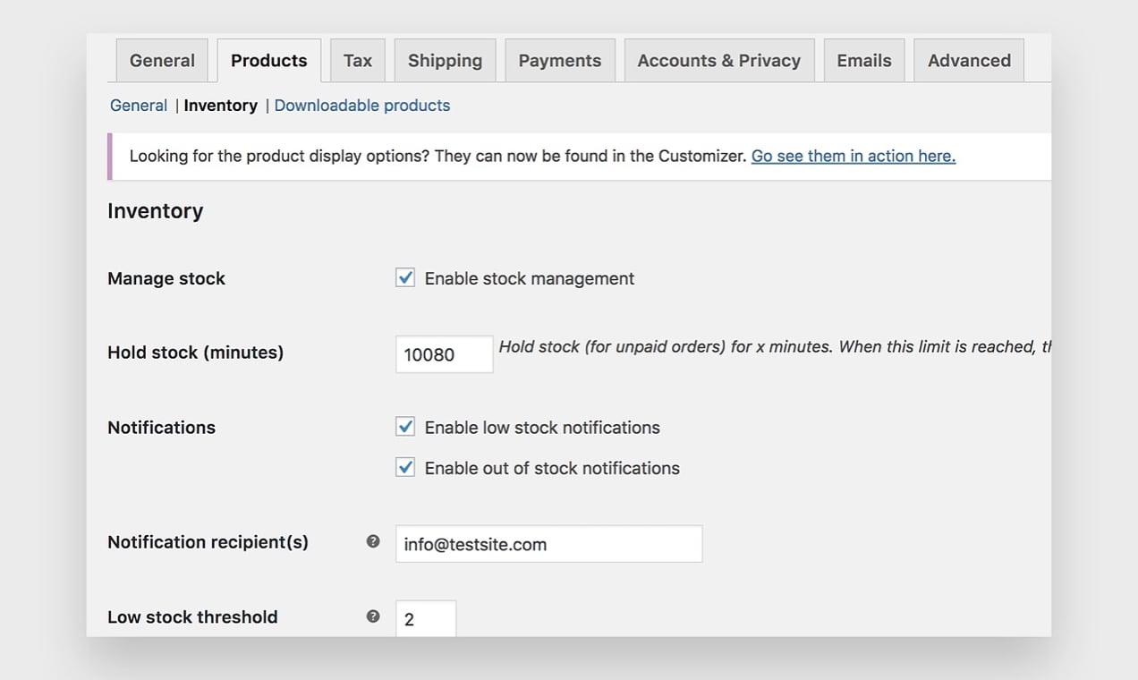 Screenshot of WooCommerce's inventory settings.