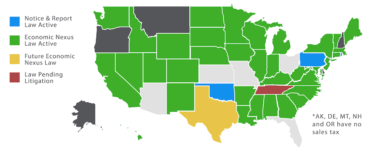 All US states have, or will soon have, sales tax laws that might affect your business, with the exceptions of AK, DE, MT, NH or OR. Those states don't have sales tax.