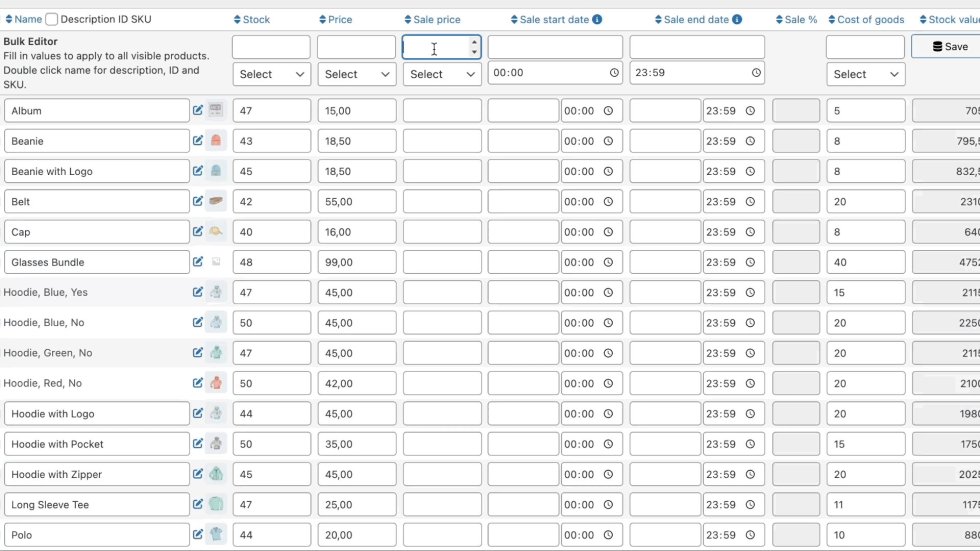 Set up sale - Bulk Table Editor