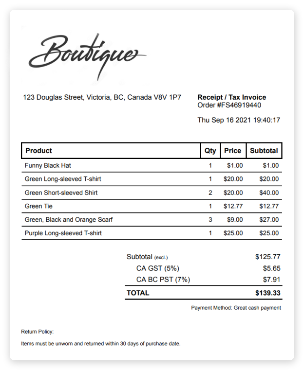 Example of a FooSales printable receipt