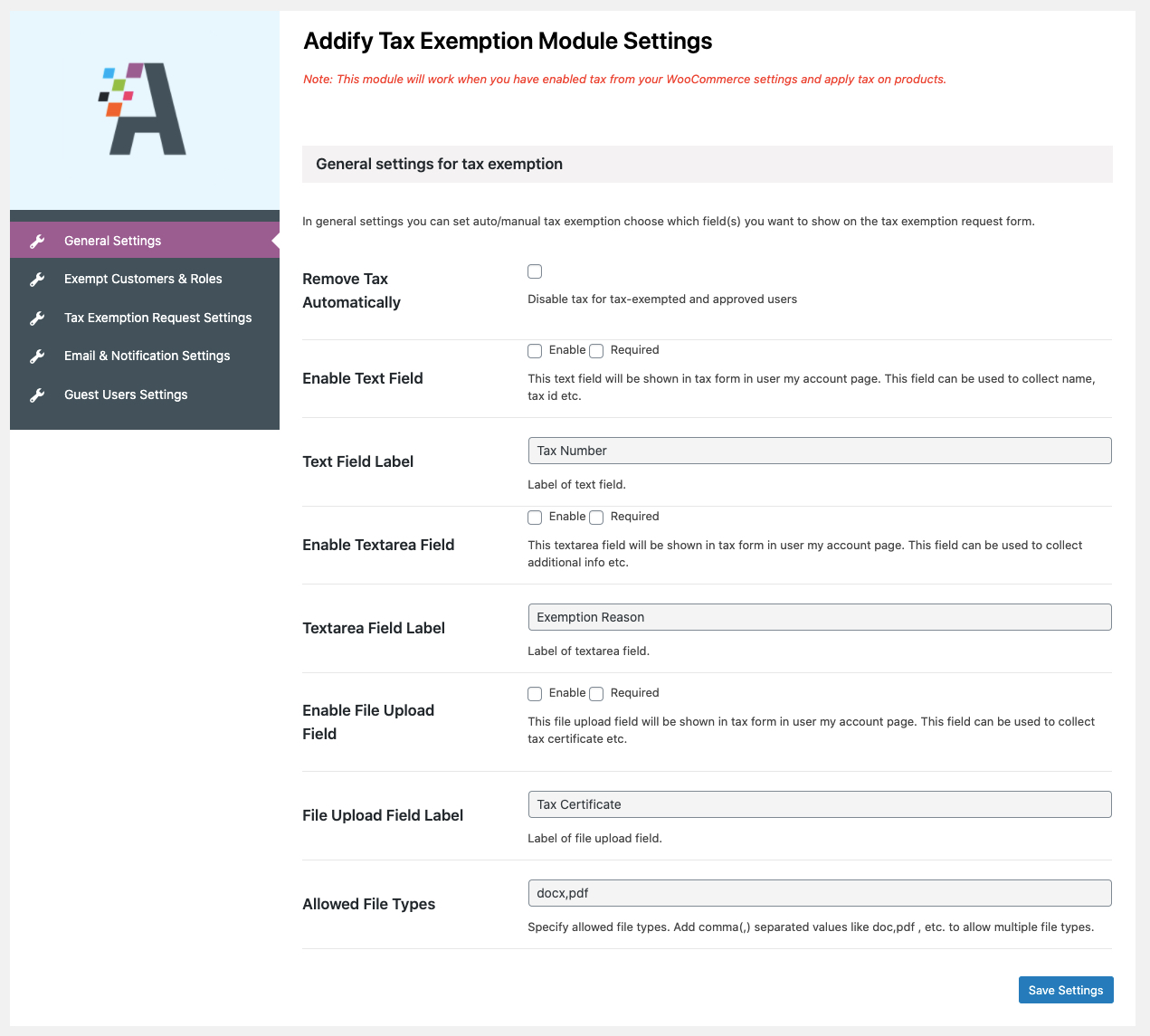 General Settings Tax