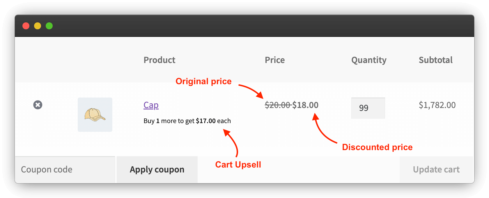 Vendas adicionais no carrinho. Desconto de preço escalonado no carrinho