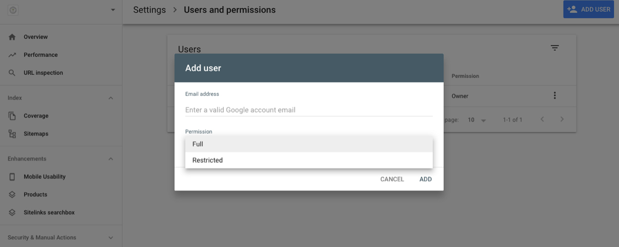 screenshot of Google Search Console page with Add User popup box and options for permissions