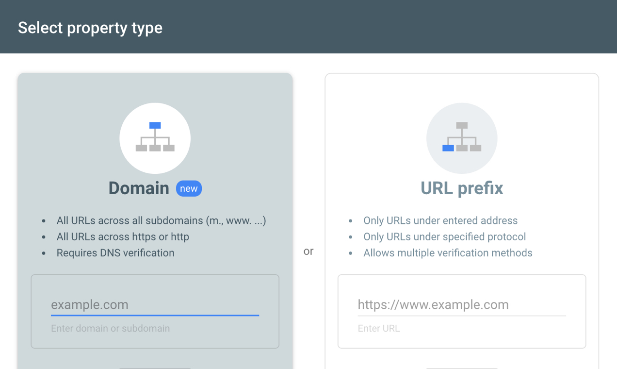 Screenshot of property types available on Google Search Console