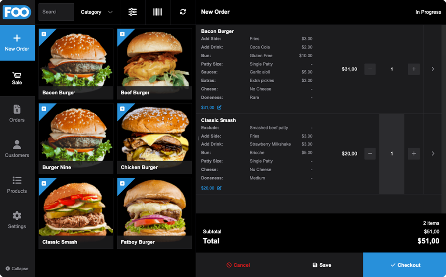 Screenshot of FooSales POS being used by a restaurant using WooCommerce Product Add-ons