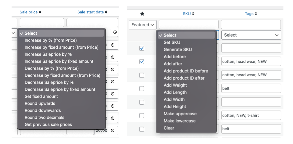 Bulk functions in bulk table editor