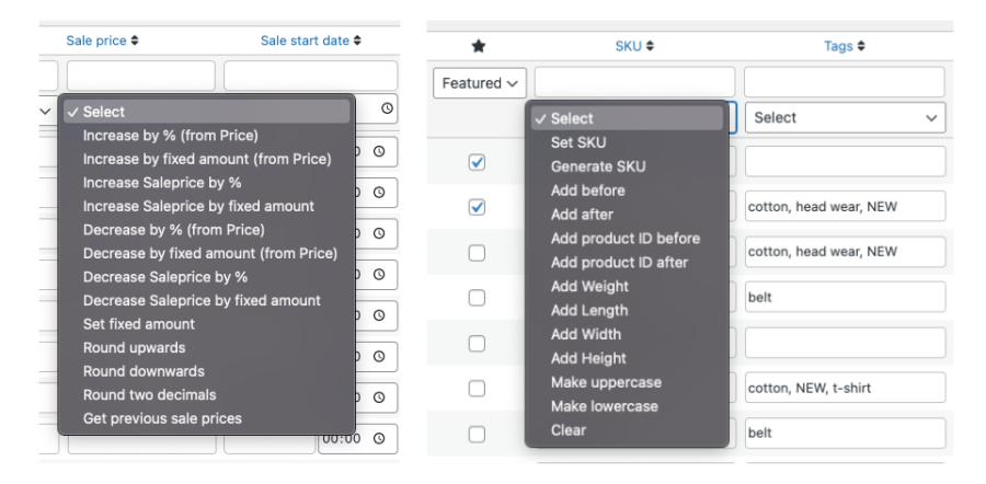 Funciones masivas de Bulk Table Editor